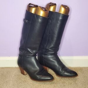 Black Leather Boots with Wooden Heel Vintage 70s 80s